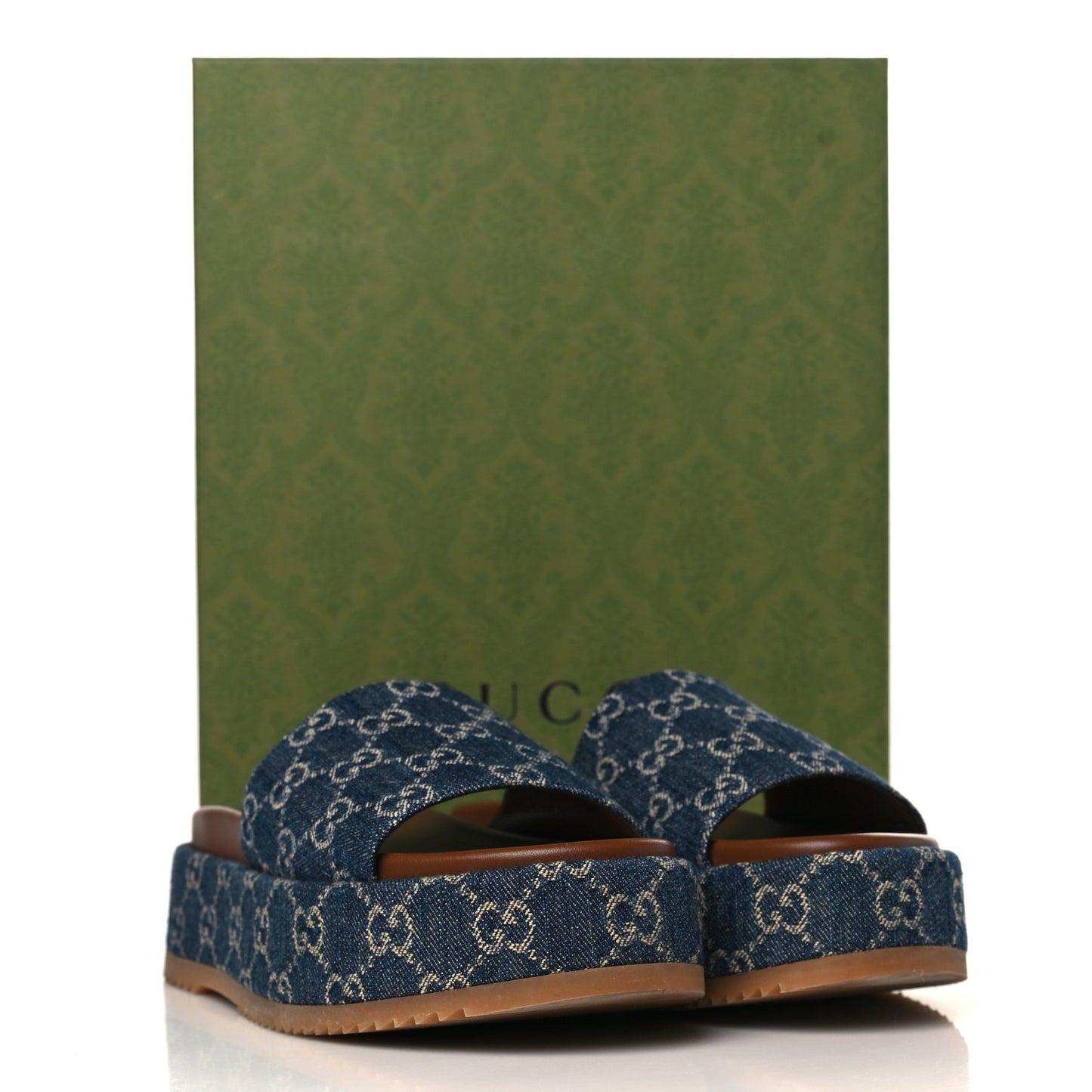 New Denim GG Monogram Angelina Platform 55mm Slide Sandals 39.5 Blue Tea