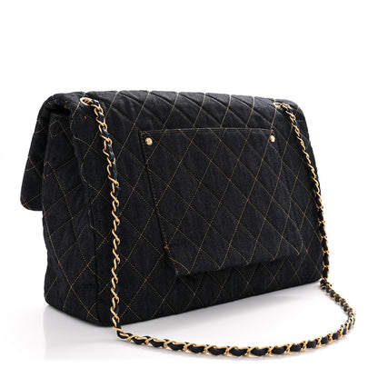 Chanel Denim Quilted XXL Travel Flap Bag Dark Blue Orange 3 of 10