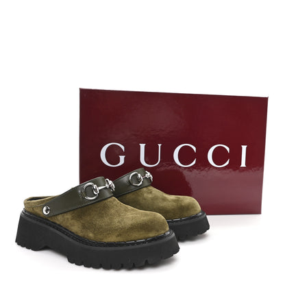 Gucci Suede Womens Horsebit Platform Mules 36 Dark Green 10 of 11
