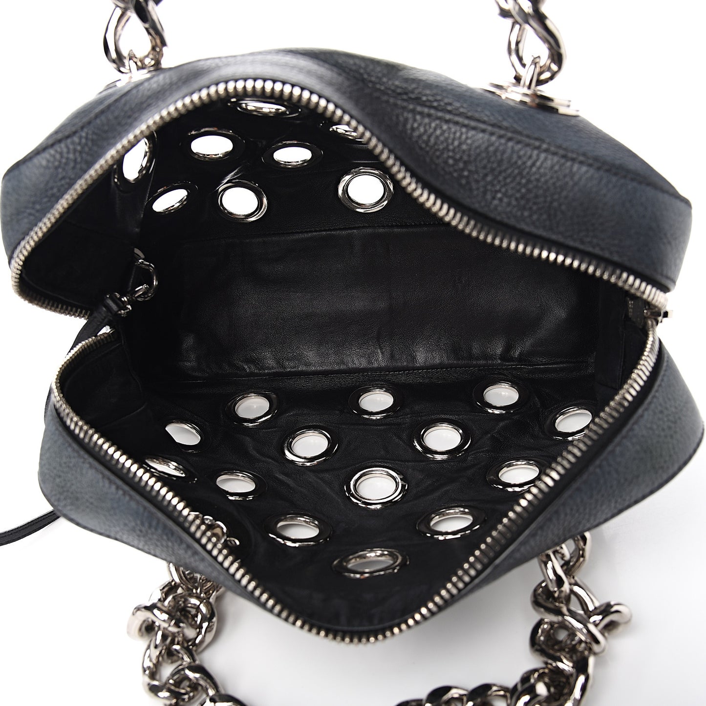 Vitello Daino Grommet Chain Satchel Bag Black