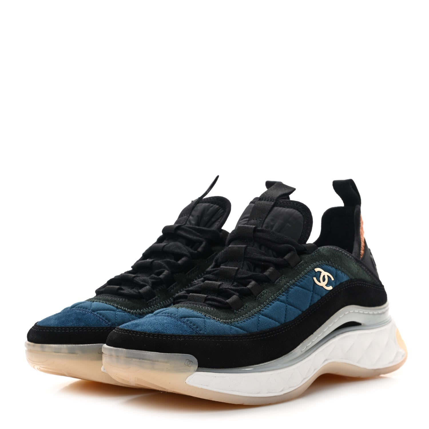 Chanel Fabric Suede Calfskin CC Sneakers 37.5 Dark Blue Dark Green Light Orange 3 of 11