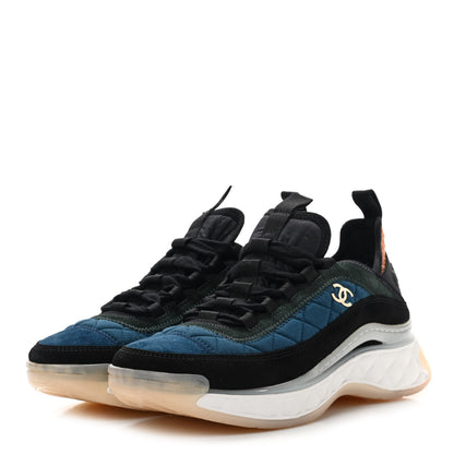 Chanel Fabric Suede Calfskin CC Sneakers 37.5 Dark Blue Dark Green Light Orange 3 of 11