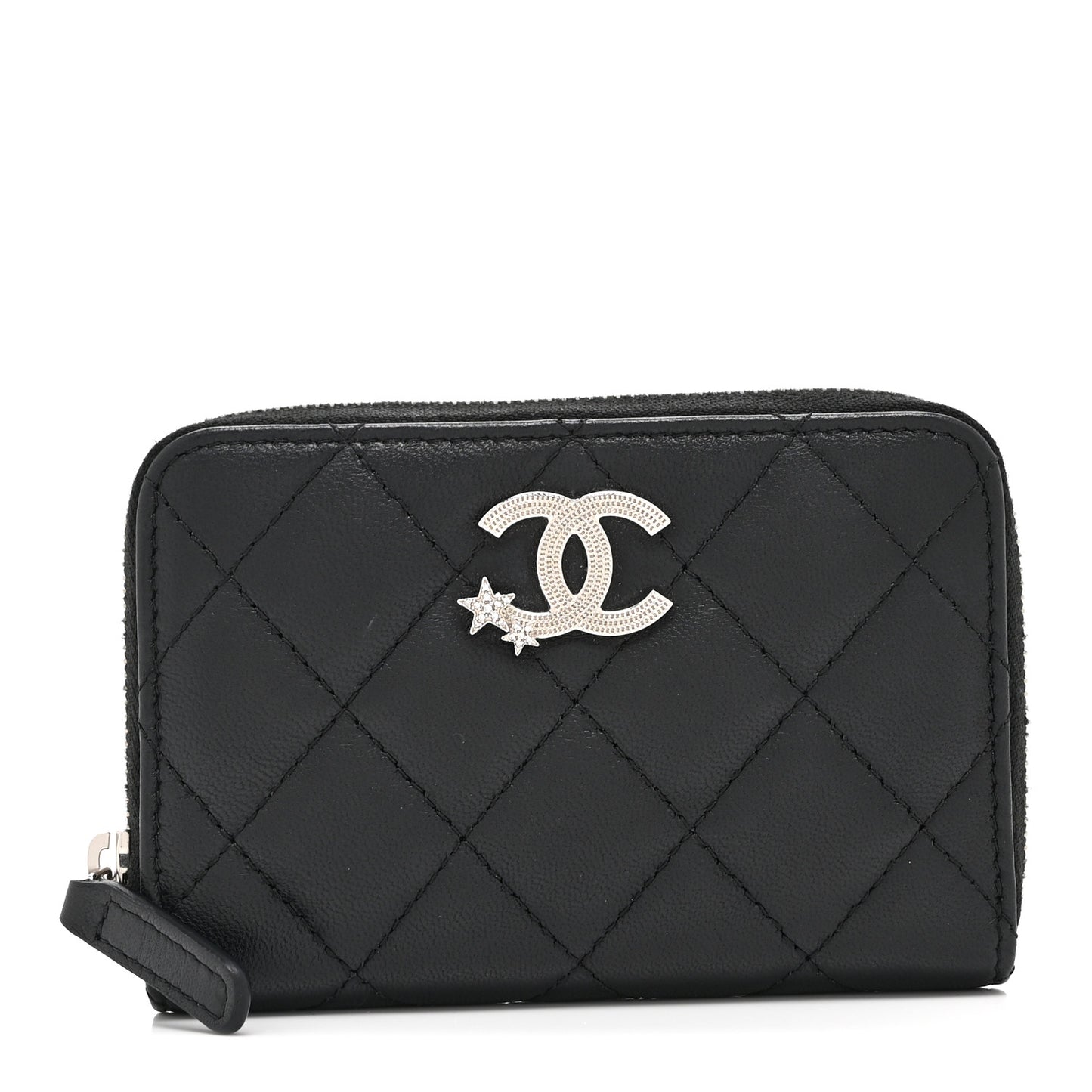Lambskin Crystal Star Quilted Studded CC Zip Around Card Holder Wallet Black