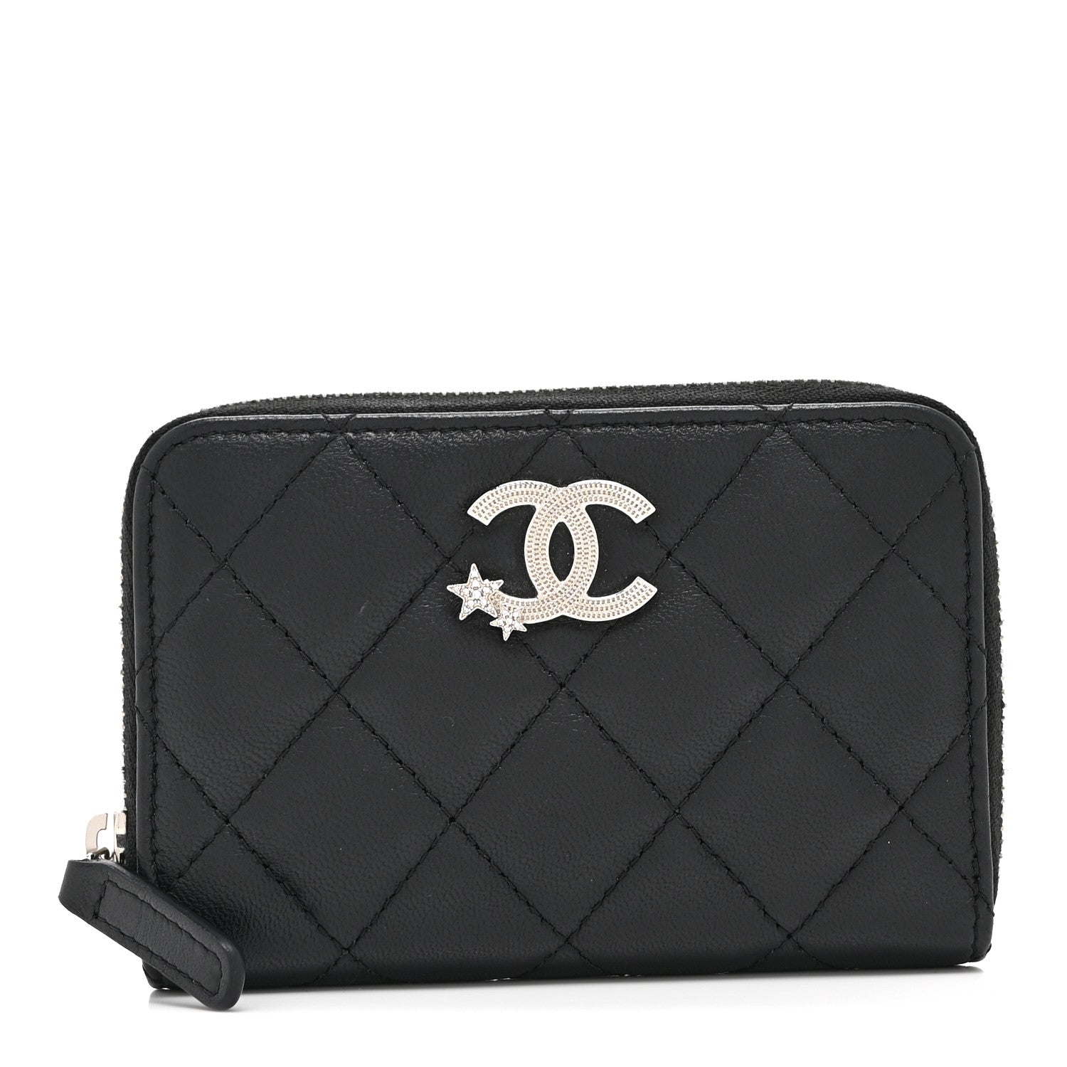 Chanel Lambskin Crystal Star Quilted Studded CC Zip Around Card Holder Wallet Black 1 of 10