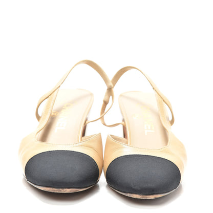 Chanel Goatskin Grosgrain Cap Toe CC Slingback Pumps 37.5 Beige Black 2 of 7
