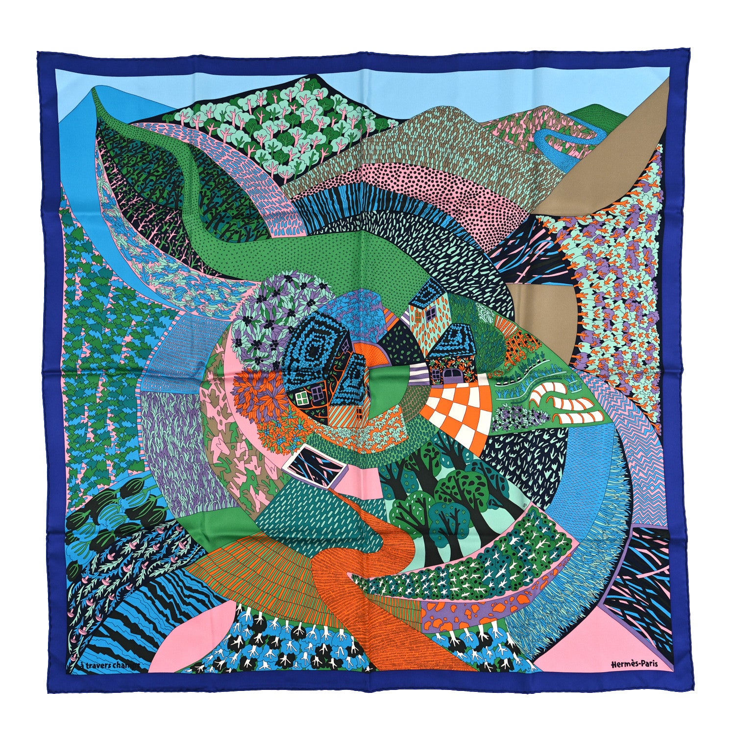 Hermes Silk A Travers Champs Scarf 90 Bleu Vert Rose 1 of 3