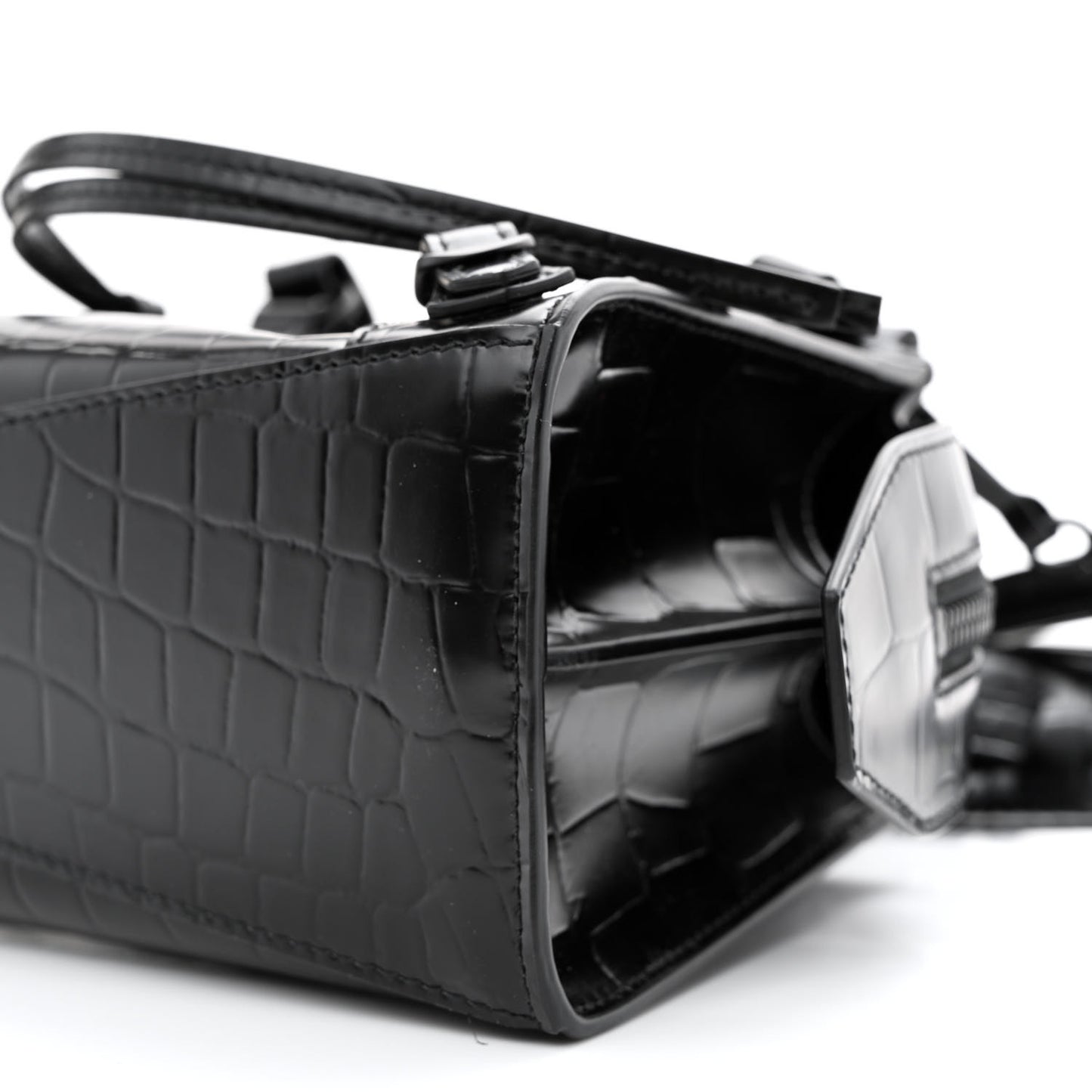 Semi Shiny Calfskin Crocodile Embossed Neo Classic Black Hardware Mini City Black