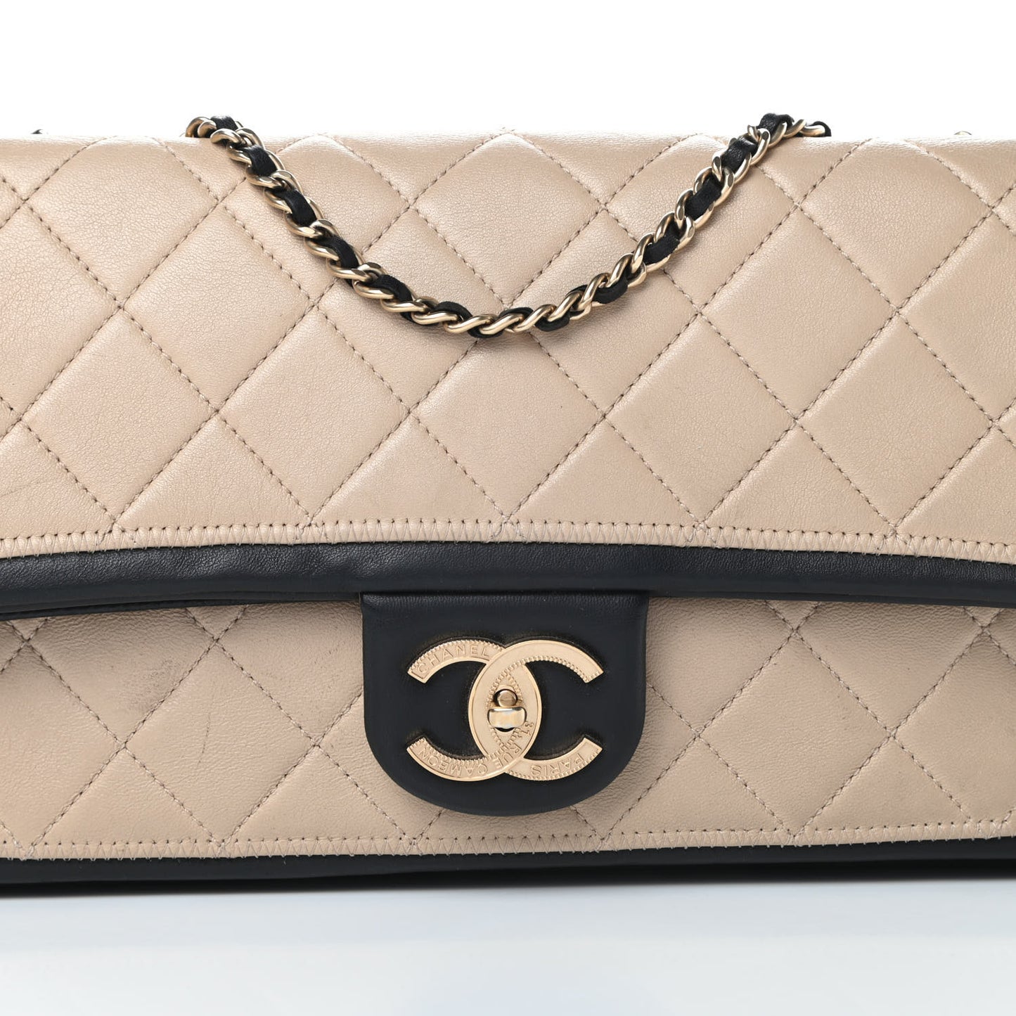 Calfskin Quilted Medium Graphic Flap Beige Black