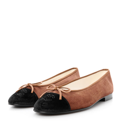 Chanel Velvet Cap Toe CC Ballerina Flats 37.5 Brown Black 4 of 10