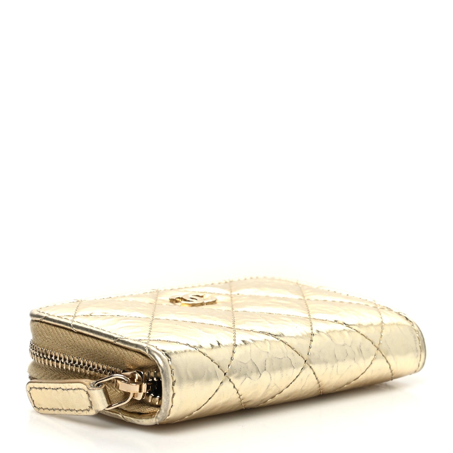 Hammered Metallic Calfskin Quilted Zip Coin Purse Gold