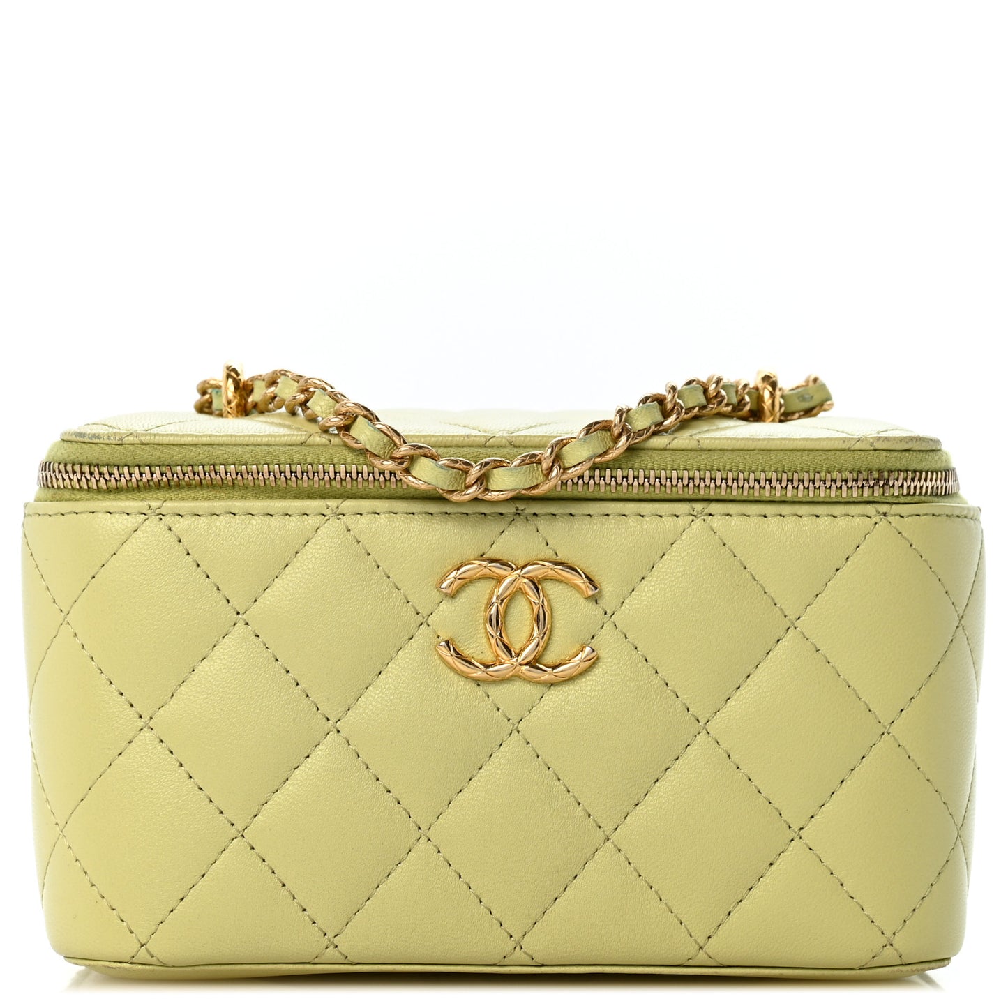 Lambskin Quilted Small Vanity Case With Chain Light Green