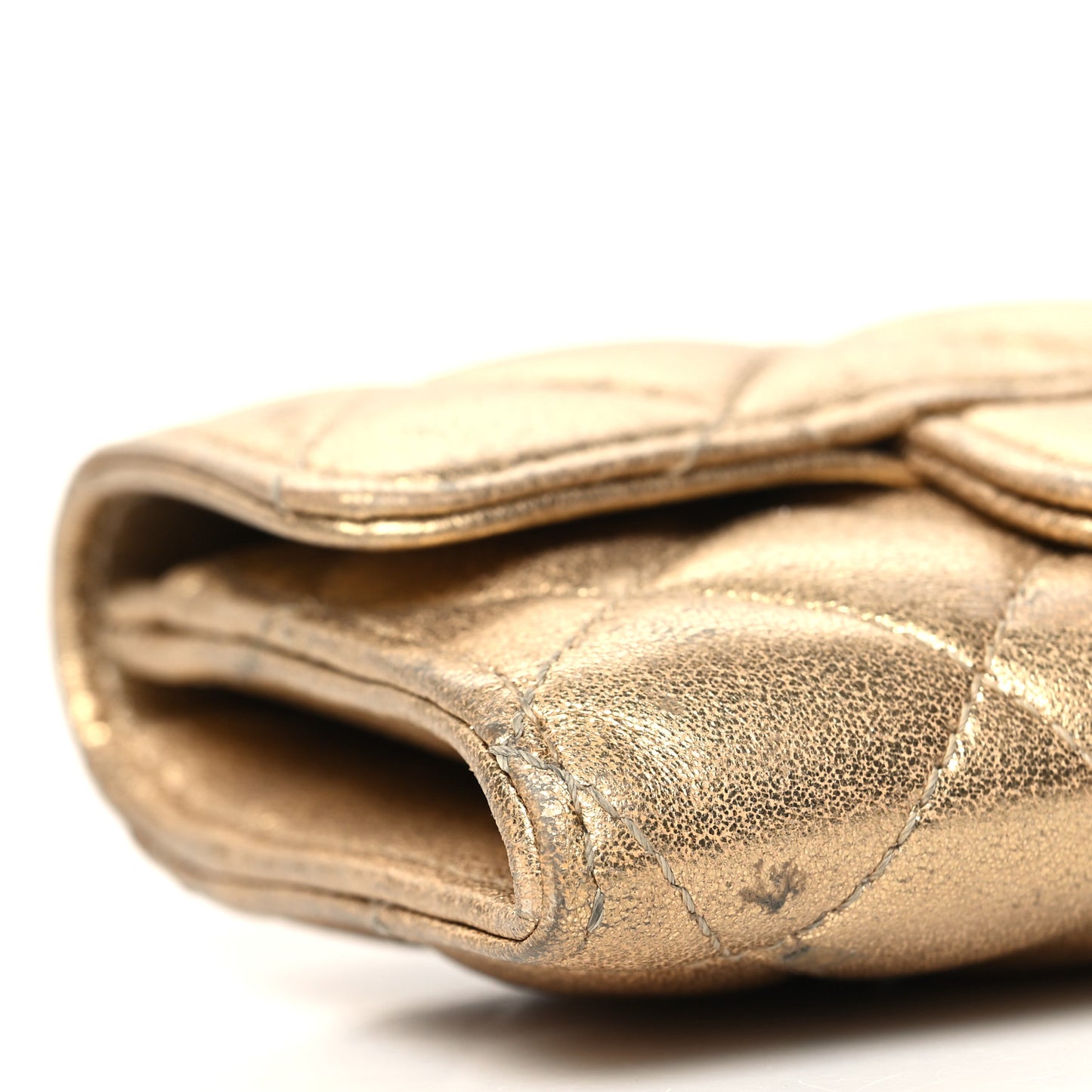 Metallic Lambskin Quilted Flap Card Holder Wallet Gold