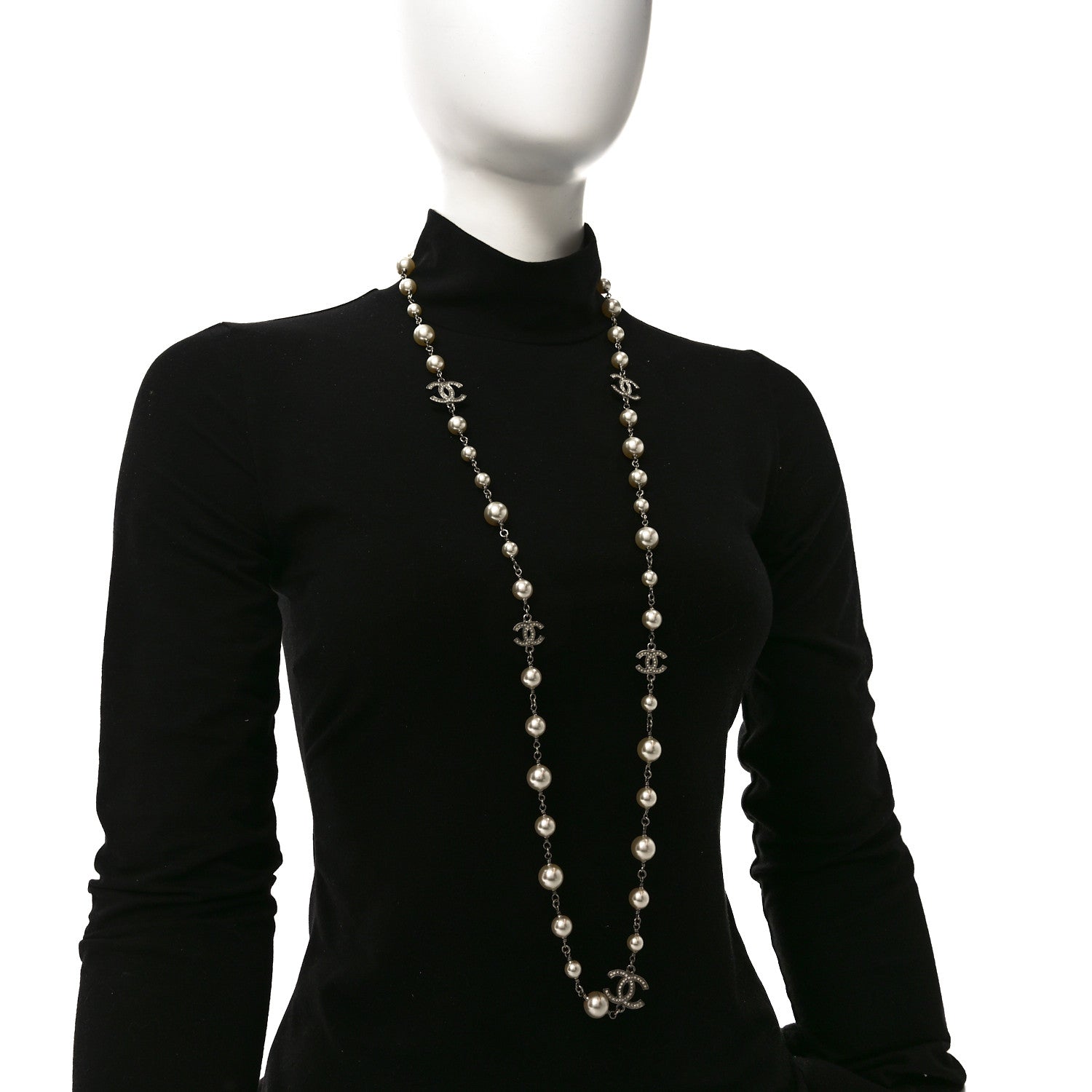 Chanel Graduated Pearl Crystal CC Long Necklace Silver 2 of 4