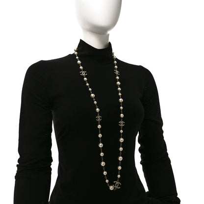 Chanel Graduated Pearl Crystal CC Long Necklace Silver 2 of 4