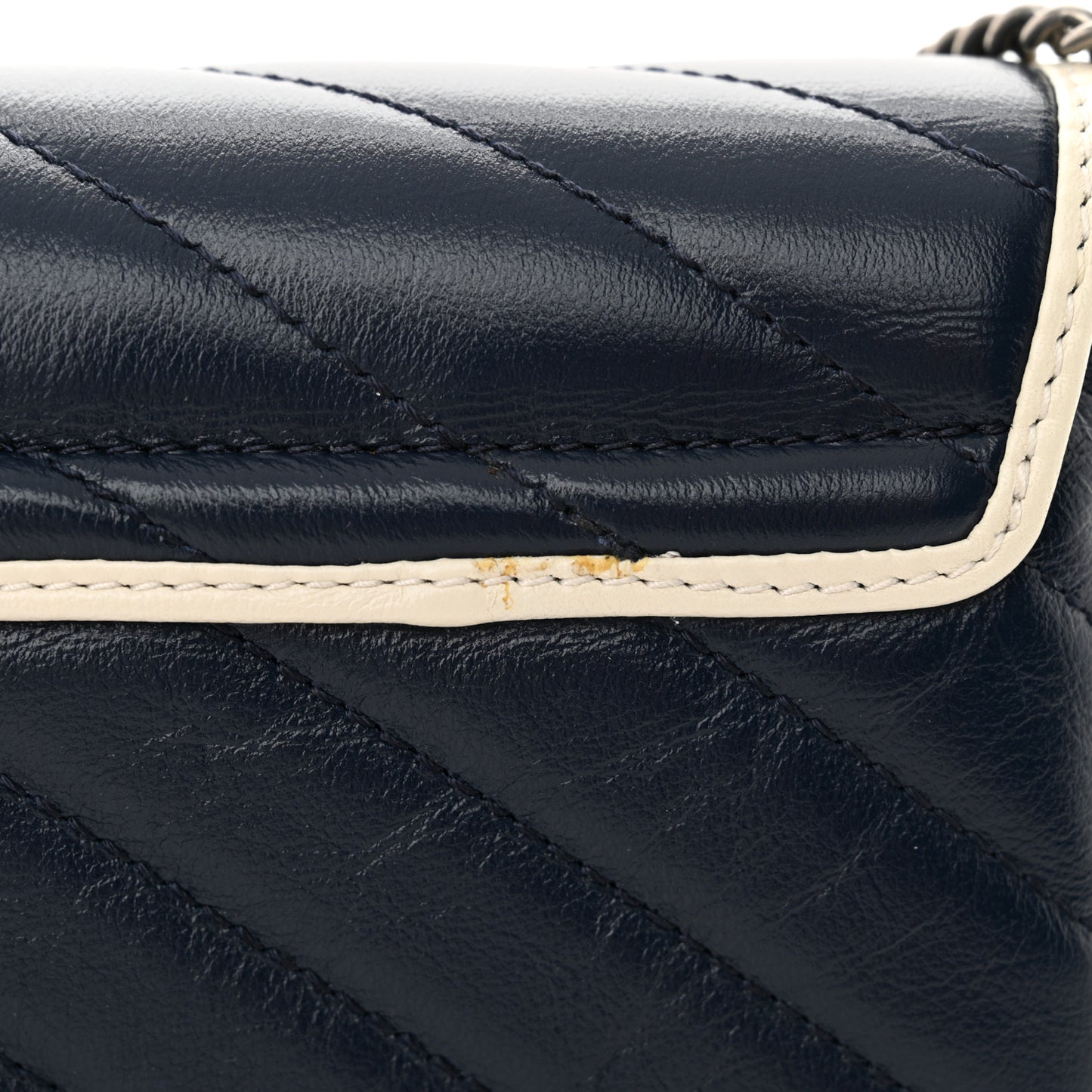 Vintage Effect Calfskin Matelasse Diagonal Super Mini Torchon GG Marmont Shoulder Bag Blue Agata Mystic White