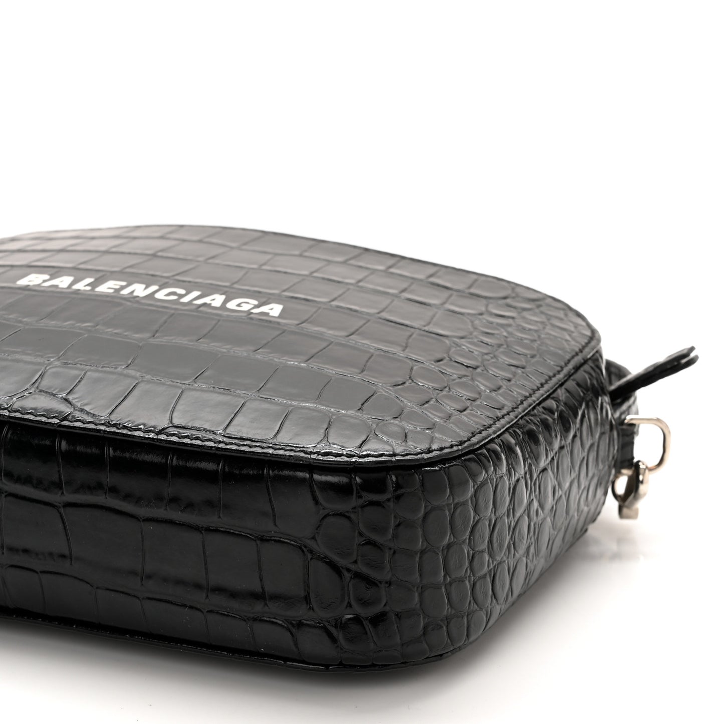 Shiny Calfskin Logo Crocodile Embossed S Everyday Camera Bag with Handle Black