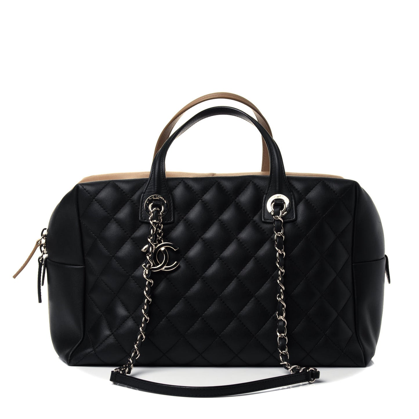 Calfskin Quilted Feather Weight Bowling Bag Black Beige