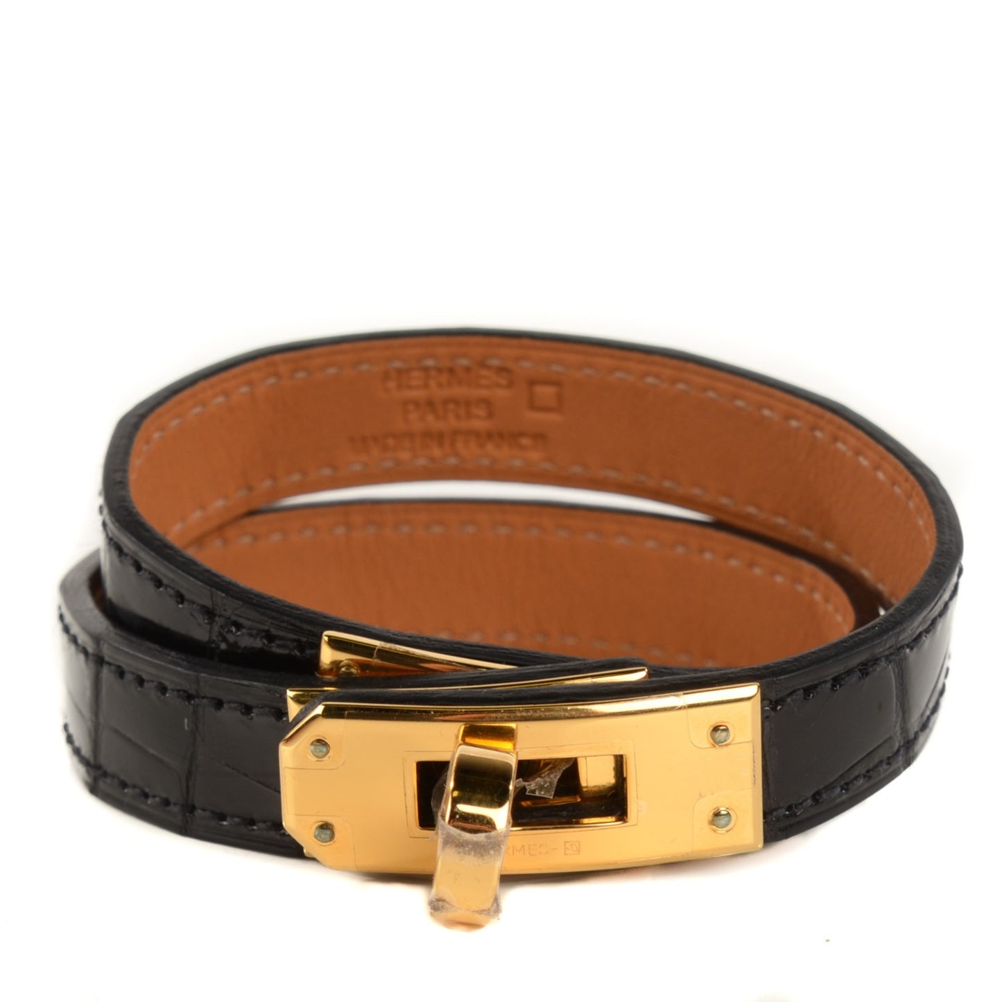 Shiny Alligator Kelly Double Tour Bracelet S Black