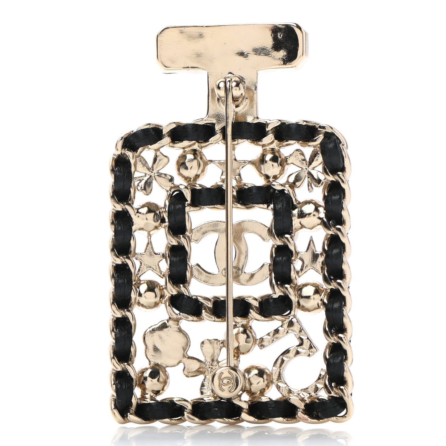 Lambskin Pearl Quilted Chain CC Perfume Bottle Brooch Gold