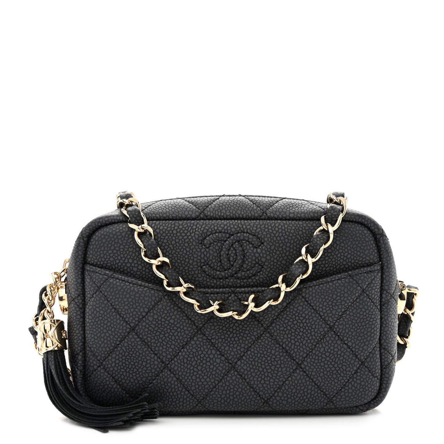 Iridescent Caviar Quilted Mini Coco Tassel Camera Case Black