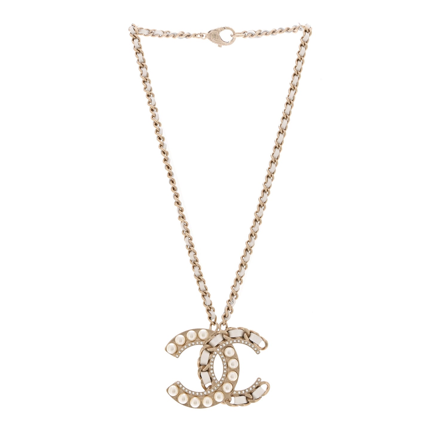 Pearl Crystal Lambskin Chain CC Necklace White Gold