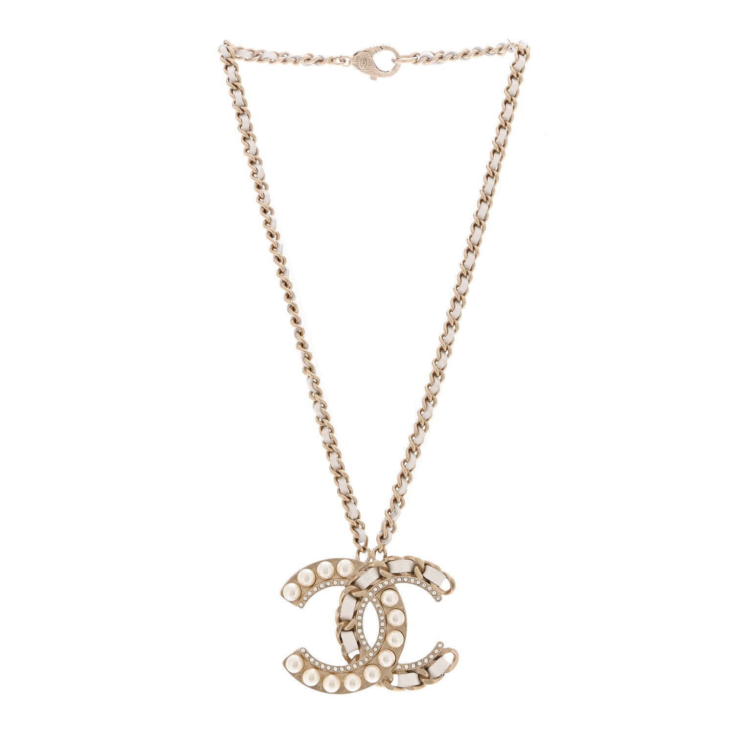 Chanel Pearl Crystal Lambskin Chain CC Necklace White Gold 3 of 7