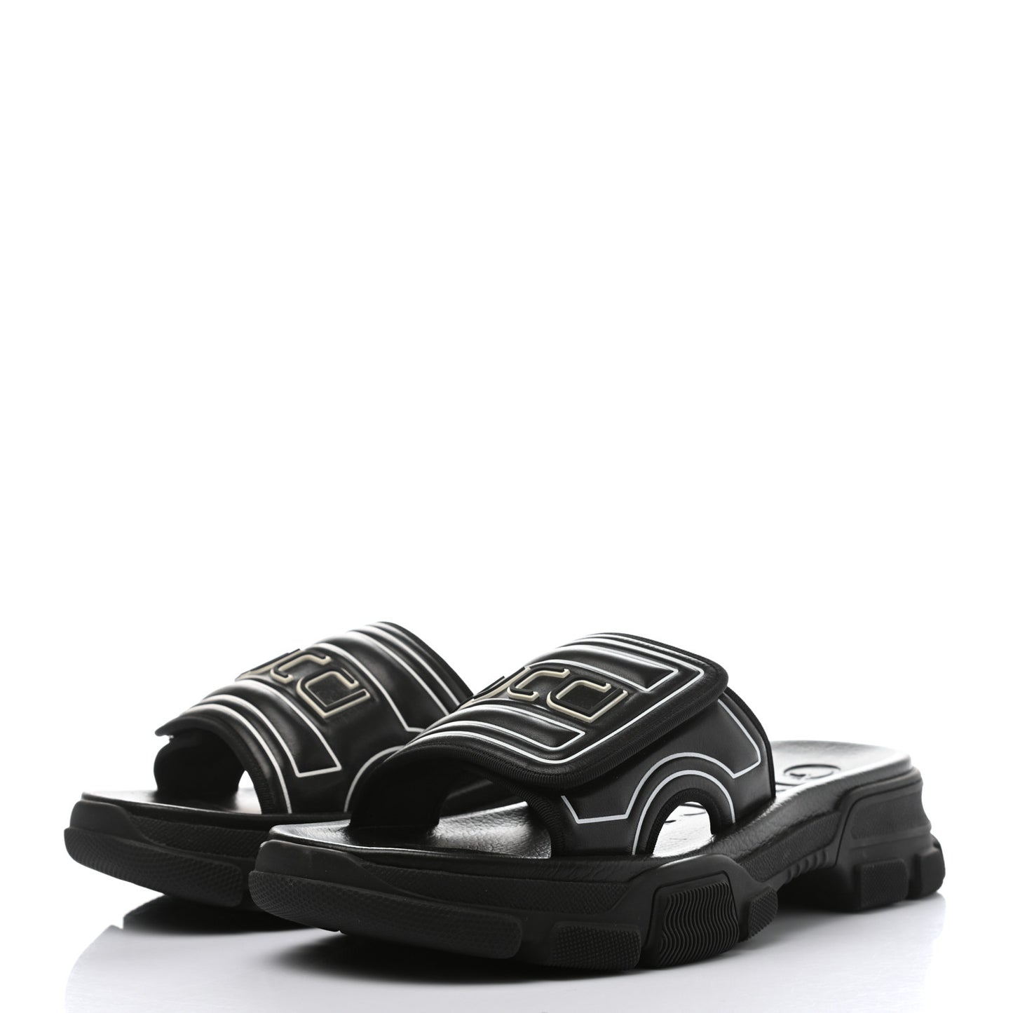Nappa Grosgrain Logo Mens Velcro Chunky Slide Sandals 8 Black