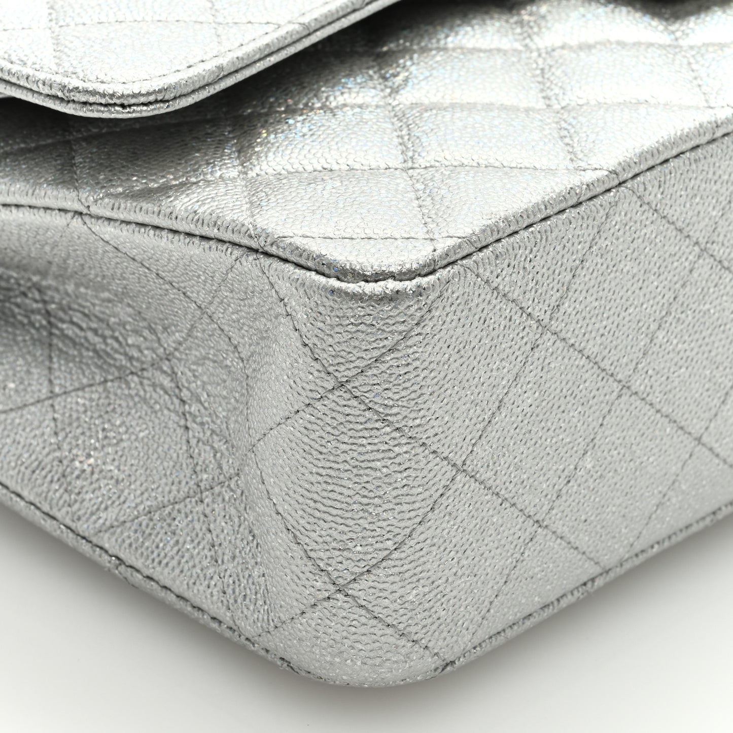 Glittered Metallic Caviar Quilted Medium Double Flap Silver