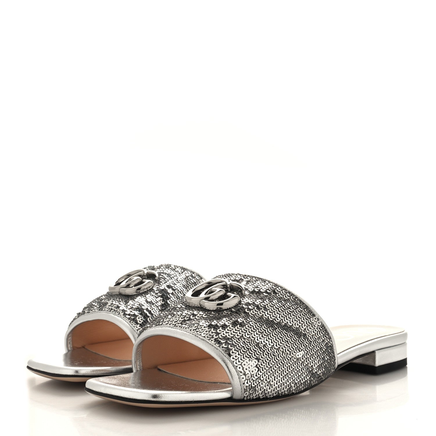 Gucci Sequin Metallic Nappa GG Marmont Flat Slide Sandals 40 Silver 3 of 10
