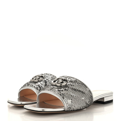 Gucci Sequin Metallic Nappa GG Marmont Flat Slide Sandals 40 Silver 3 of 10