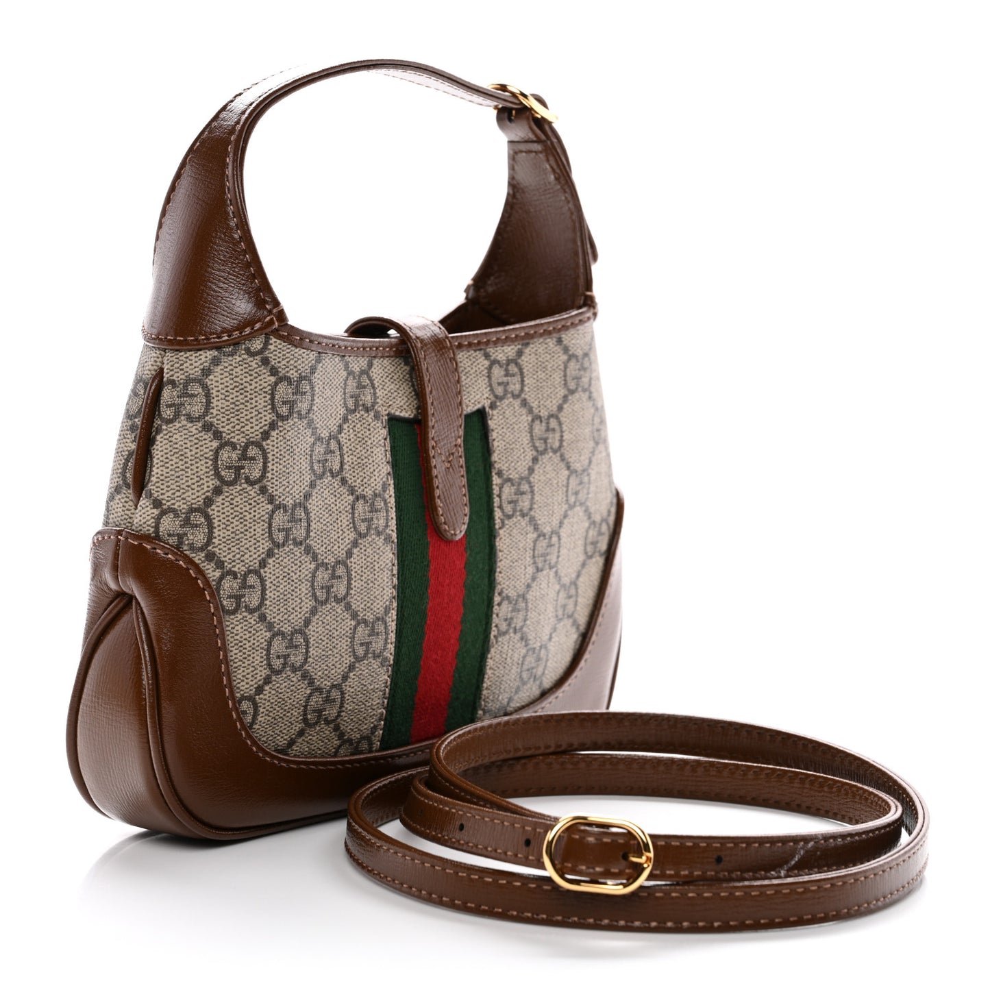 GG Supreme Monogram Azalea Calfskin Web Mini Jackie 1961 Hobo Beige Ebony Brown Sugar