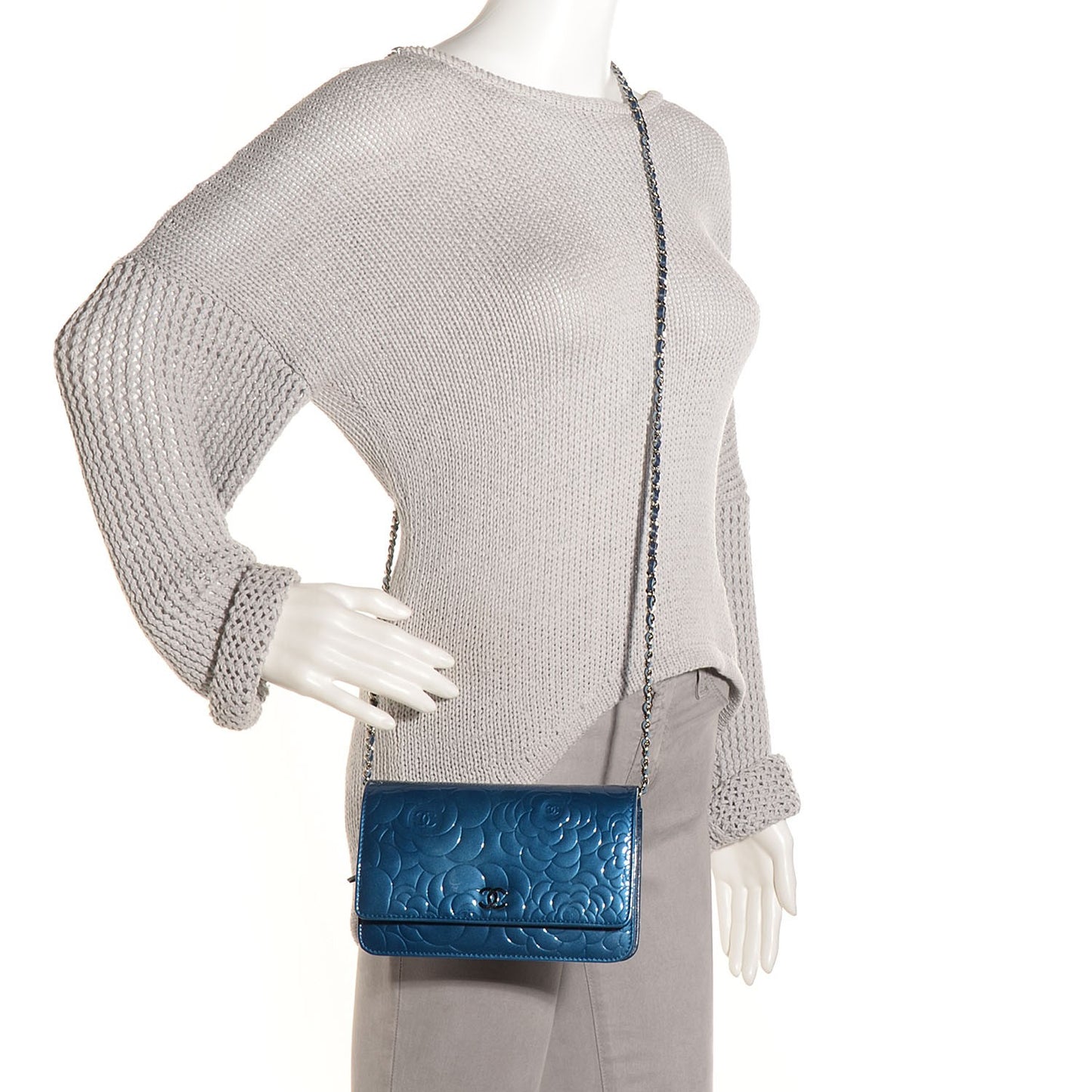 Patent Camellia Wallet on Chain WOC Royal Blue