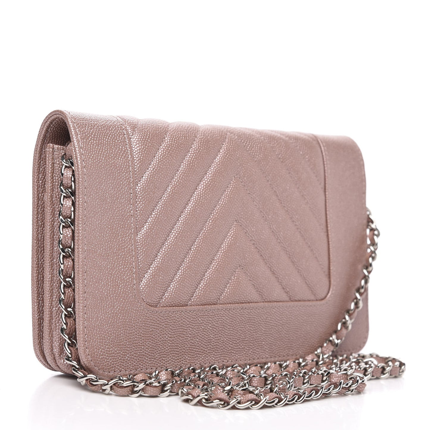 Metallic Caviar Chevron Quilted Vintage Mademoiselle Wallet On Chain WOC Pink