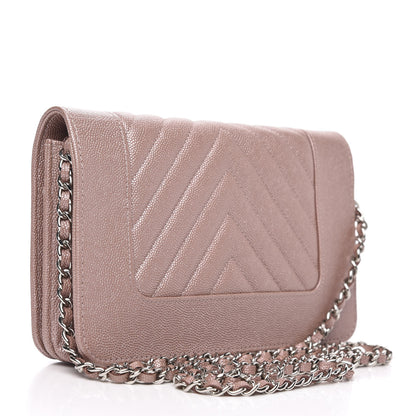 Chanel Metallic Caviar Chevron Quilted Vintage Mademoiselle Wallet On Chain WOC Pink 3 of 11