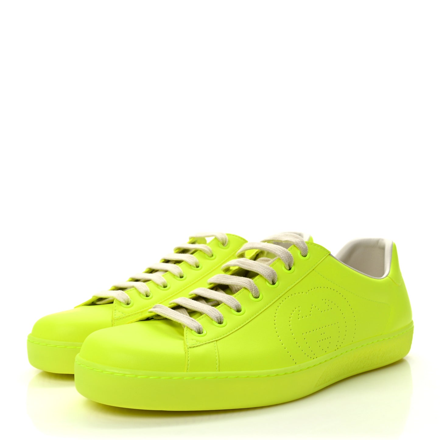Capri Fluo Calfskin Interlocking G Perforated Mens Ace Sneakers 10 Yellow Fluo