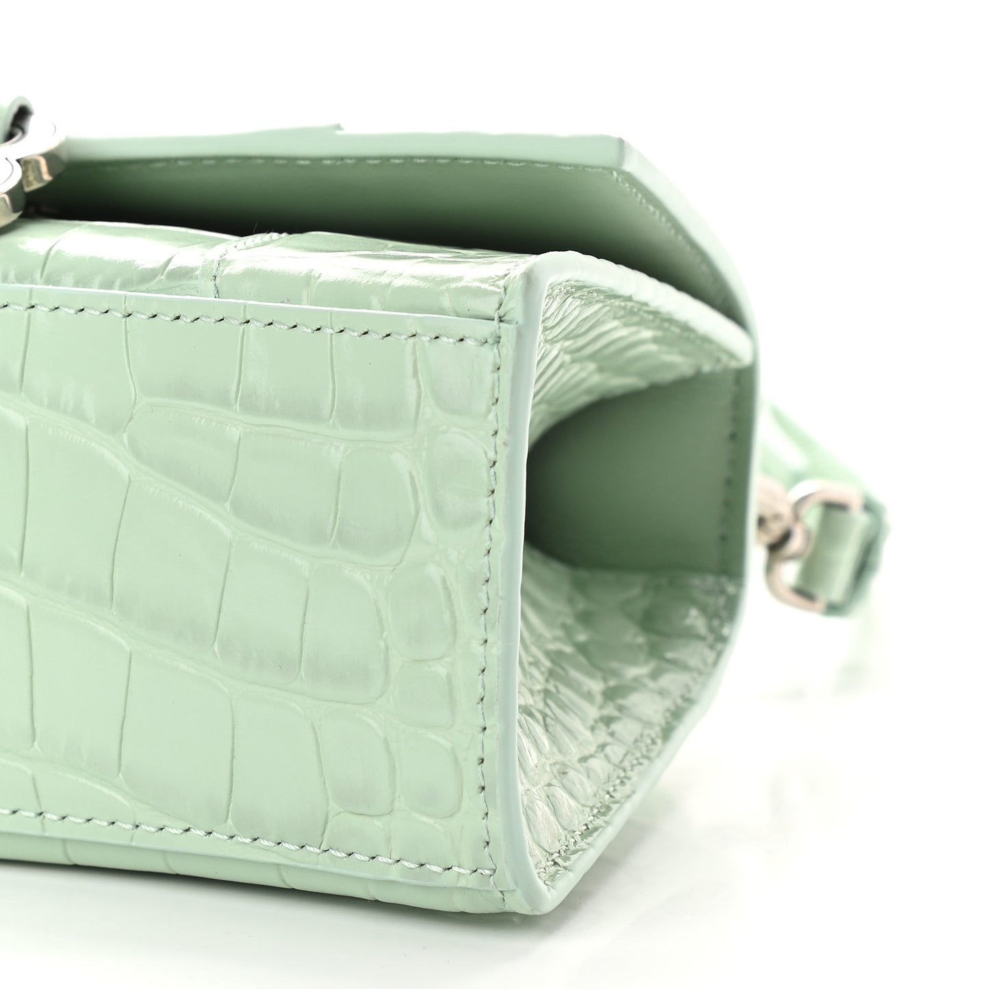 Shiny Calfskin Crocodile Embossed Hourglass Top Handle Bag XS Light Green