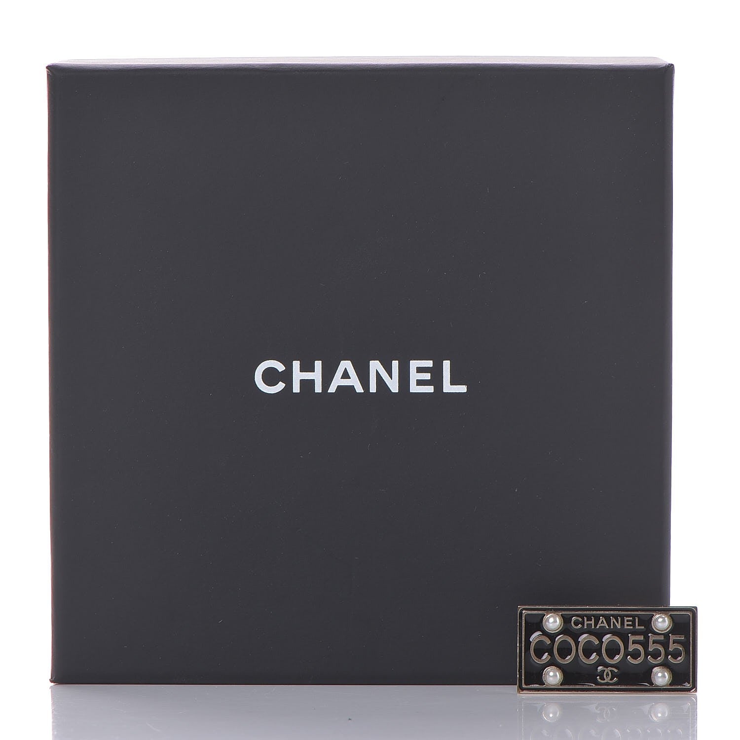Chanel Metal Resin Pearl Coco License Plate Brooch Black Gold 6 of 6