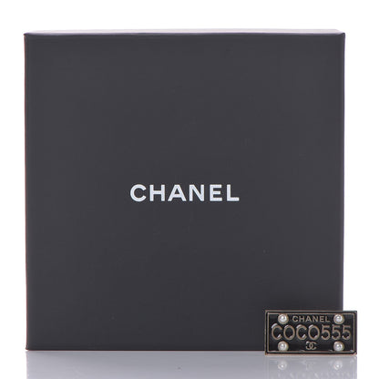 Chanel Metal Resin Pearl Coco License Plate Brooch Black Gold 6 of 6