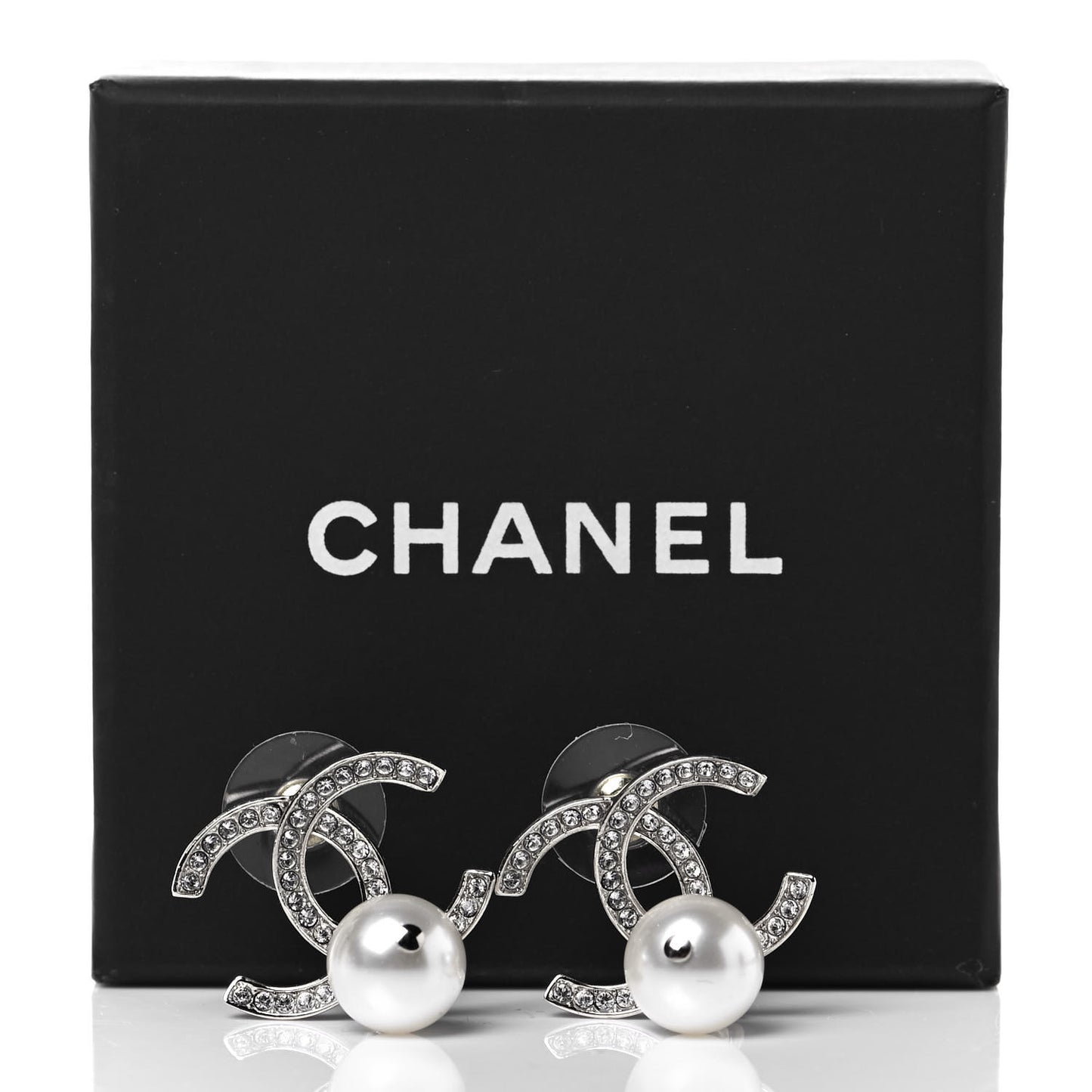Crystal Pearl CC Drop Earrings Silver