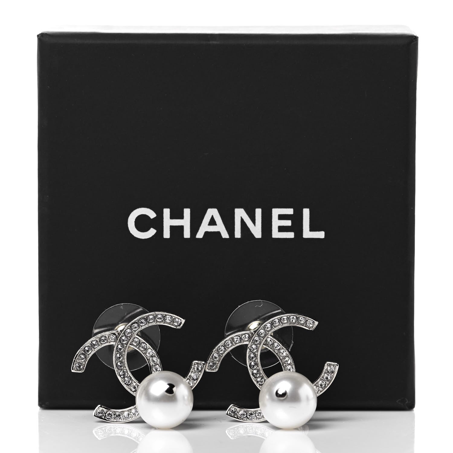 Chanel Crystal Pearl CC Drop Earrings Silver 5 of 5