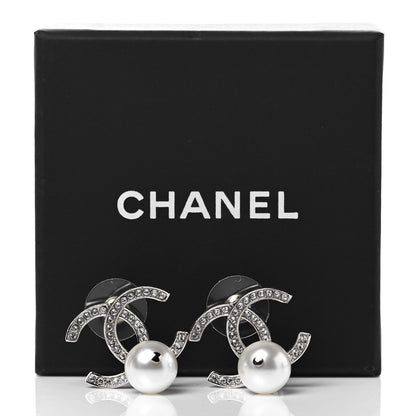 Chanel Crystal Pearl CC Drop Earrings Silver 5 of 5