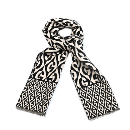 Gucci Wool Cotton Jacquard G Rhombus Scarf Black Ivory 2 of 8