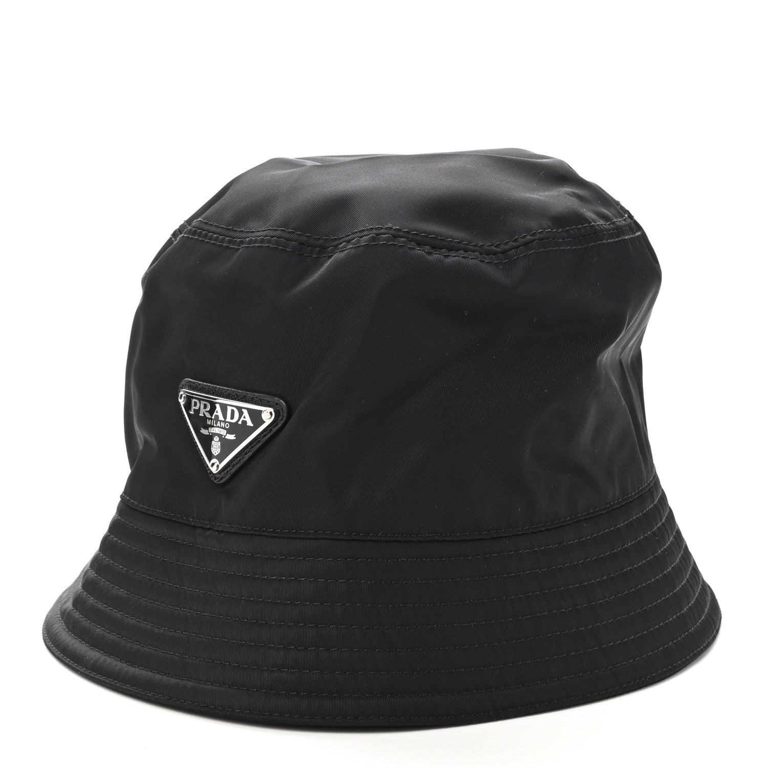 Prada Re-Nylon Metal Triangle Logo Womens Bucket Hat S Black 1 of 8