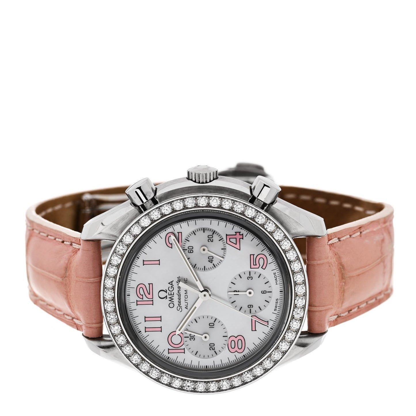 Stainless Steel Alligator Diamond Bezel Mother of Pearl 35.5mm Speedmaster Chronograph Automatic Watch 3835.70.36