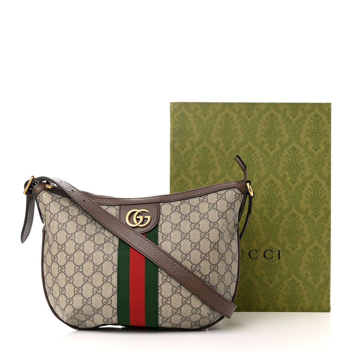 GG Supreme Monogram Web Small Ophidia Half Moon Hobo Brown