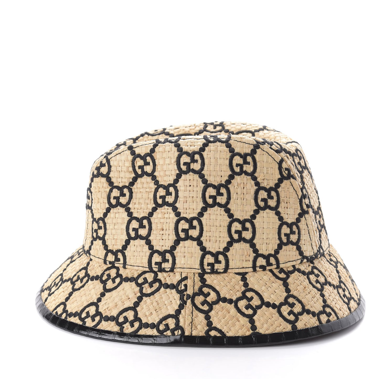 Raffia Elaphe GG Monogram Embroidered Fedora Hat M Ivory Black