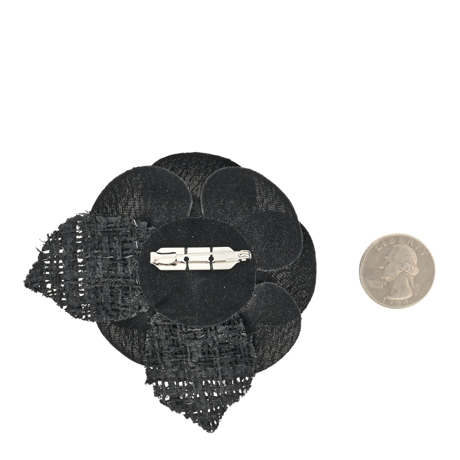 Chanel Tweed Fabric Camellia Pin Brooch Black 2 of 3