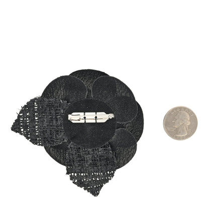 Chanel Tweed Fabric Camellia Pin Brooch Black 2 of 3