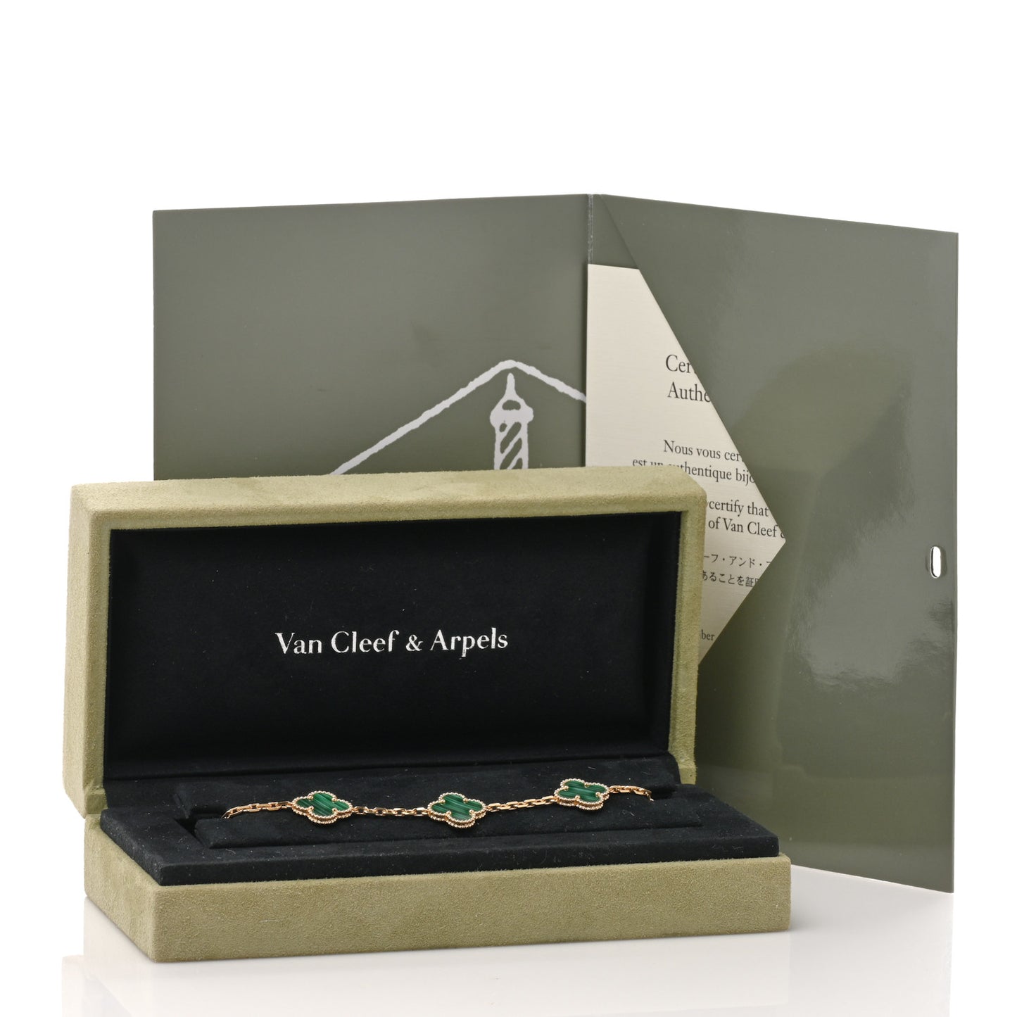 18K Yellow Gold Malachite 5 Motifs Vintage Alhambra Bracelet