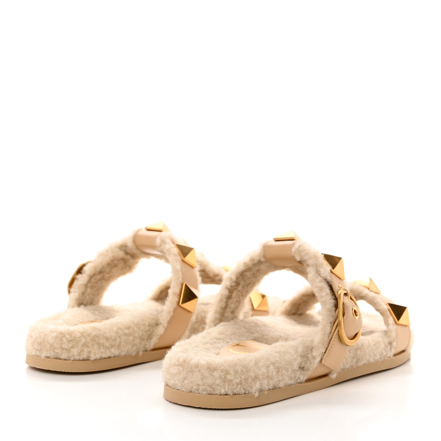 Shearling Roman Stud Slide Sandals 36 Sahara Beige